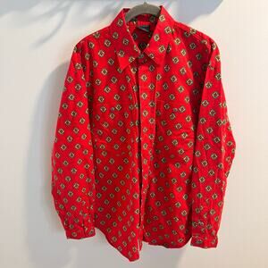 Vtg Lizwear Red Patterned 100% Cotton Button Front Shirt Size L